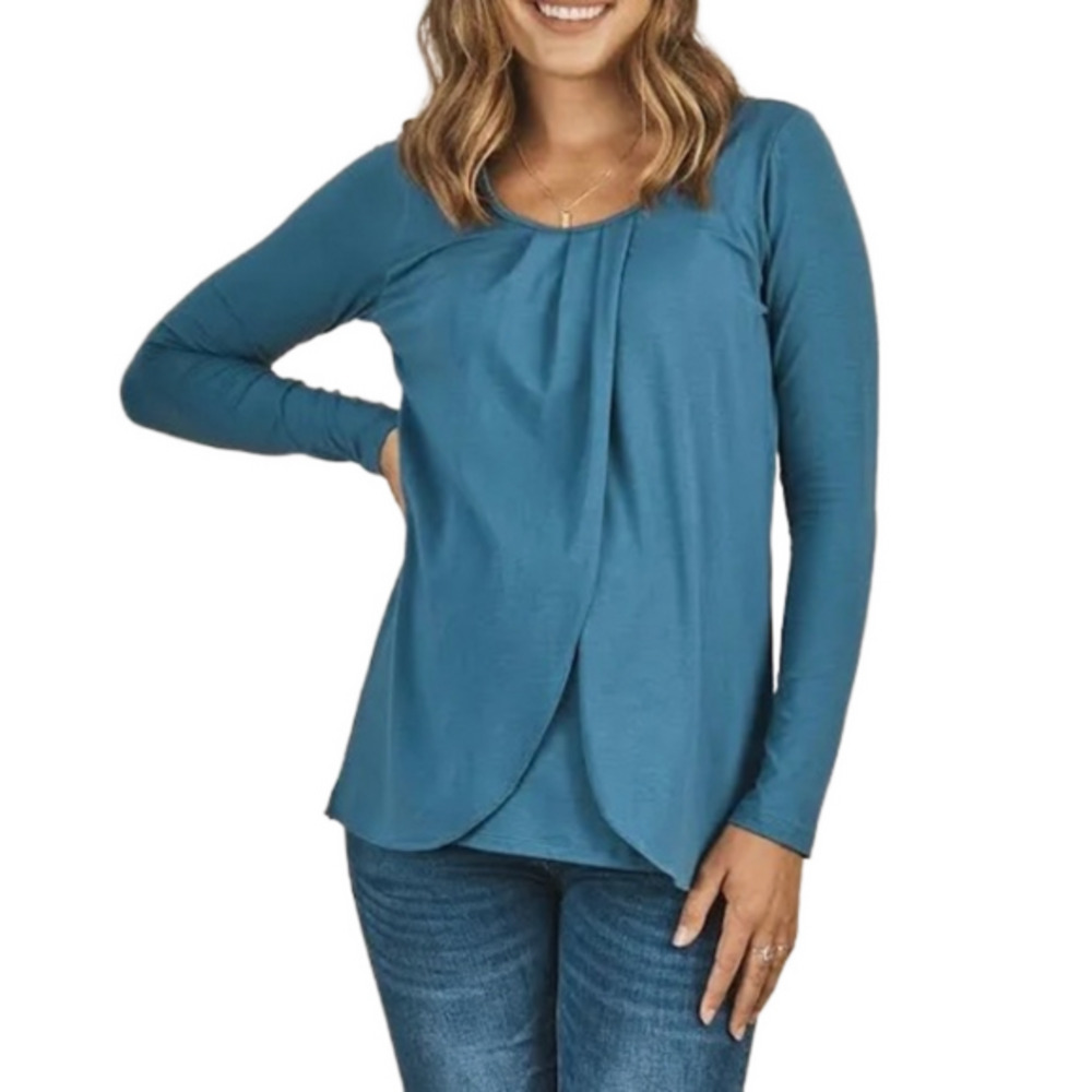 Angel Maternity Teal Blue Petal Front Long Sleeve Nursing Top Size Small